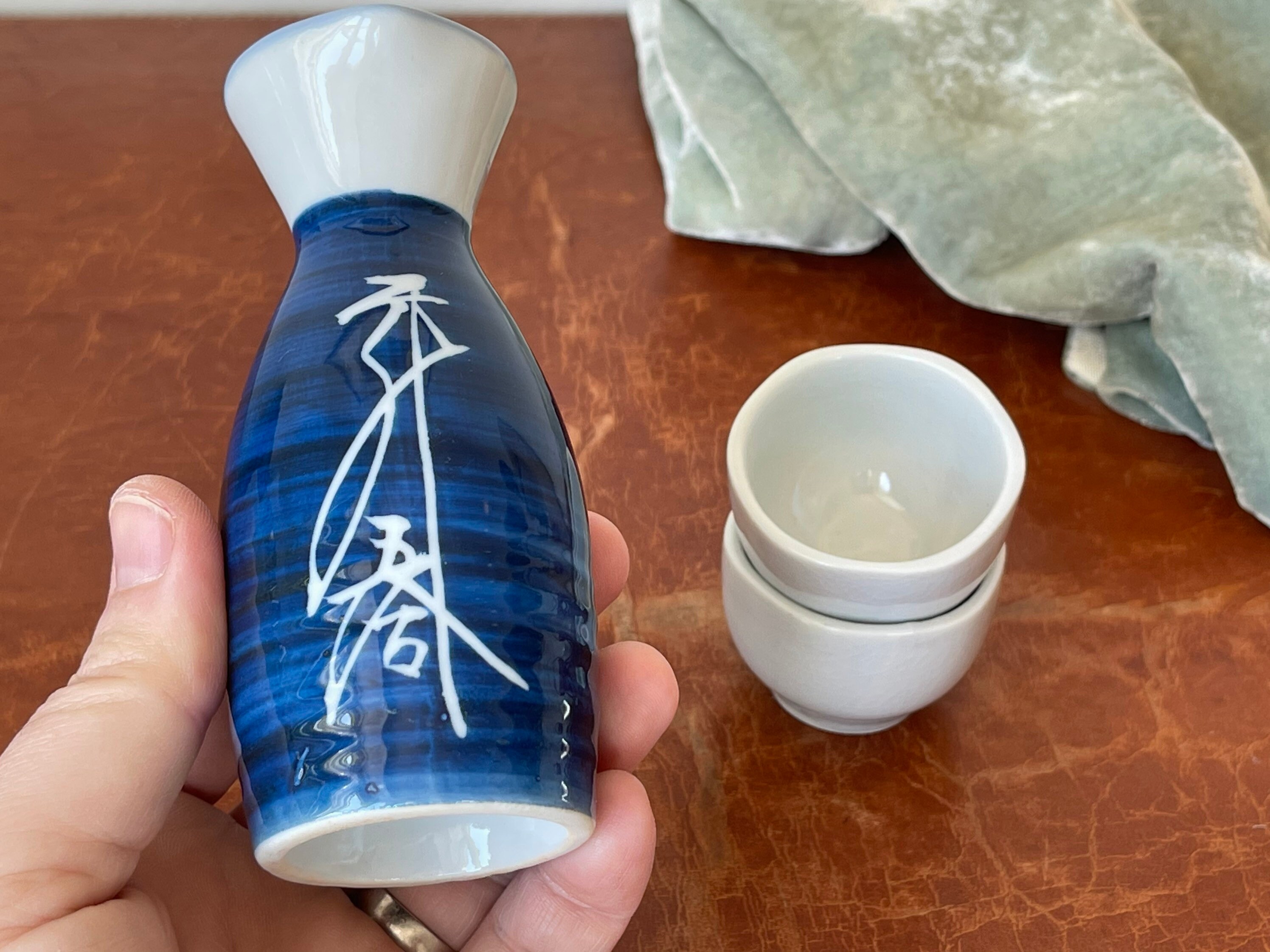 Vintage Hand Painted Japanese Porcelain Sake Set 3 Piece Blue and