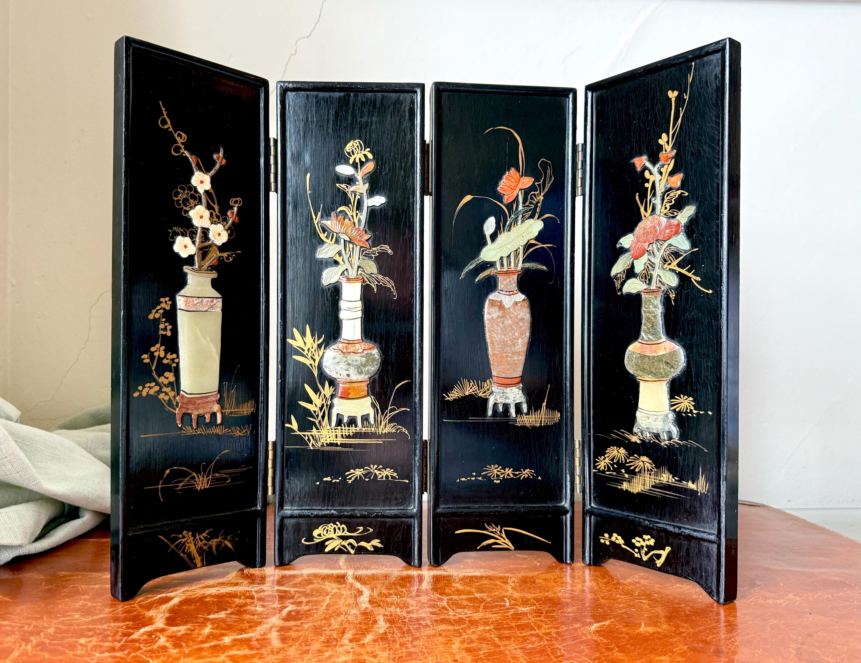 Vintage Japanese Lacquer Carved Stone Folding Screen Hand Painted