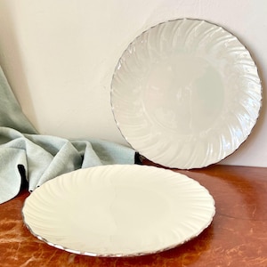Lenox Weatherly Pattern Dinner Plates Set of 2 1950’s Bone China Platinum Swirl Embossed Rim Plates PC3897