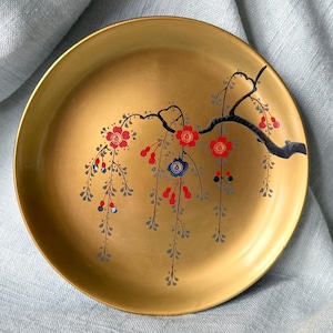 Antique Japanese Lacquer Plate Lacquered Hand Painted Gilded Shell inlay Wooden Plate Wisteria Design SI2077