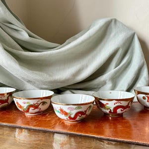 Chinese Hand Painted Dragon and Phoenix Porcelain Bowls Set of 5 Republic Period Bowls Circa 1920-1930’s PC4087