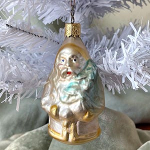 Vintage German Santa Belsnickel Ornament Blue Gold and White Santa with Tree circa 1970’s Inge Glas West Germany OR1830