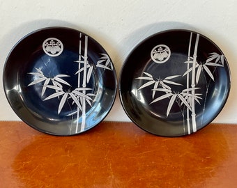 Antique Japanese Black Lacquer Plates Set Of 2 Hand Lacquered Wooden Plates with Silver Overlay Bamboo Designs Art Deco Asian Design SI391