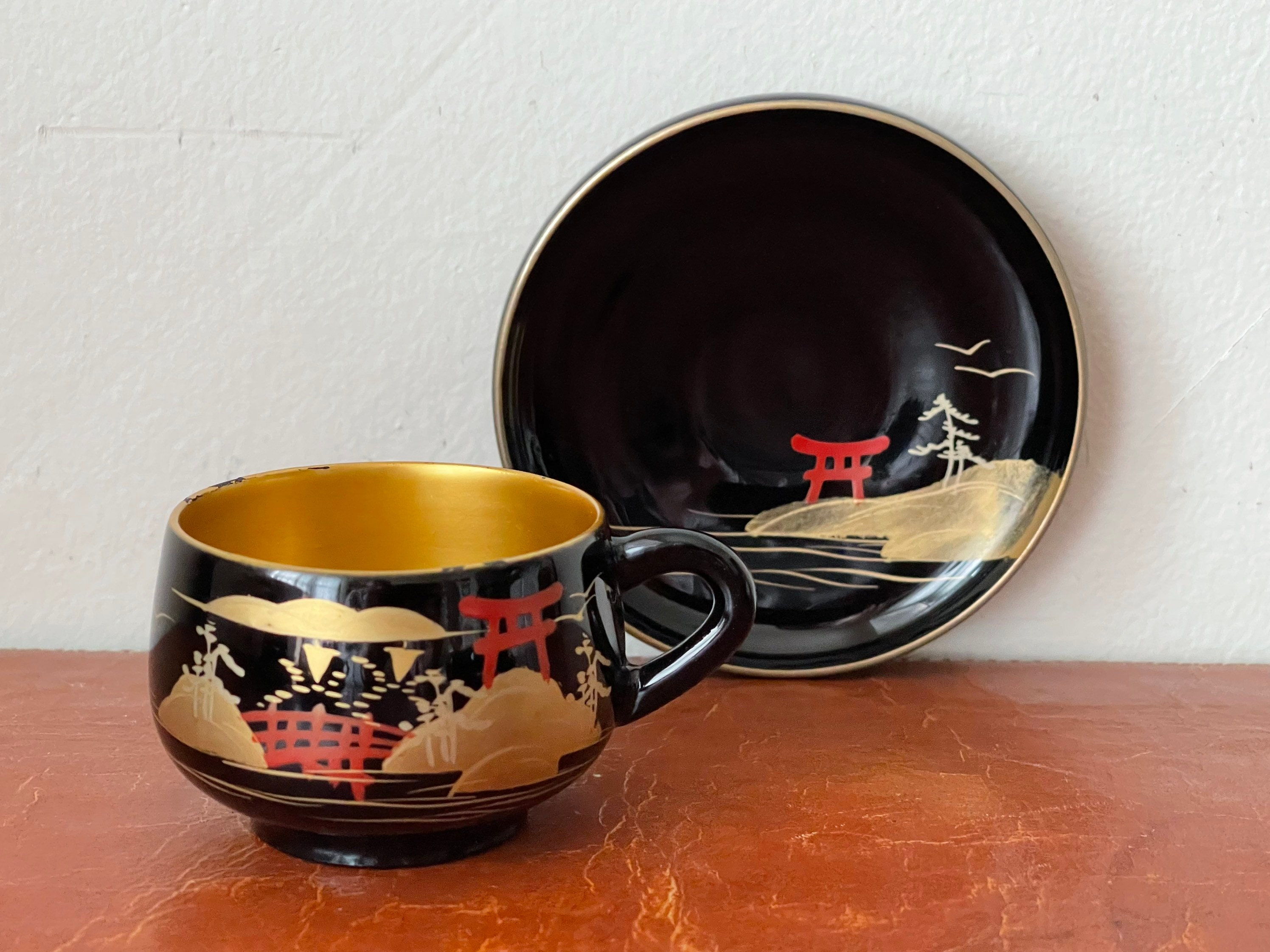 Antique Japanese Lacquer Tea Cups and Saucers Set of 6 Hand
