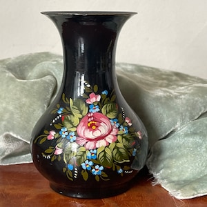 1950’s Toleware Hand Painted Black Vase Tole Painting Floral Spray Design SI1156