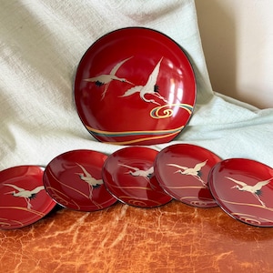 Vintage Japanese Hand Painted Lacquer Snack Bowl Set 5 Individual Snack Dishes with 1 Large Bowl Nut Serving Set 1960’s Lacquer SI2020