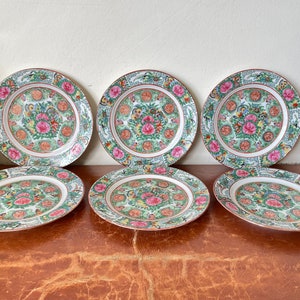 Antique Chinese Rose Medallion Porcelain Plates Set of 6 Republic Era Hand Painted Double Happiness Bat Decorations PC3516