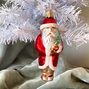 Vintage German Belsnickel Santa Ornament Red and White Santa with Tree circa 1970’s Inge Glas West Germany OR1733