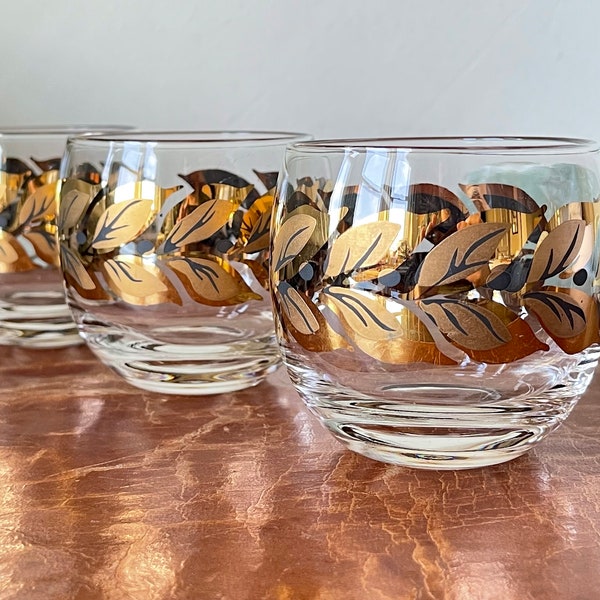 Vintage 1950’s Roly Poly Rocks Glasses Set of 3 Black and 22kt Gold Laurel Leaf Design Rocks Whiskey Glasses MCM Rare Vintage Barware GC572