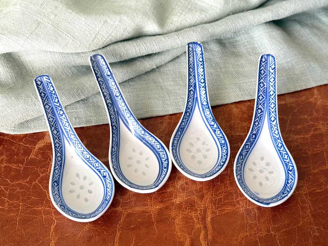 Vintage Chinese Rice Grain Pattern Porcelain Spoons Set of 4 Blue and ...