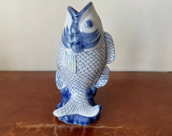 Set Of 2 Shabby Chic Light & Dark Blue Fish Ceramic Ornament Coastal Seaside 