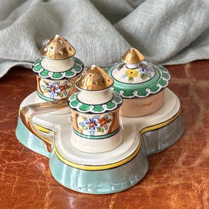 Vintage 1920’s Noritake Condiment Set Salt Pepper and Mustard Pot in Handled Caddy Tray RARE Handpainted Art Deco Nippon PC4883