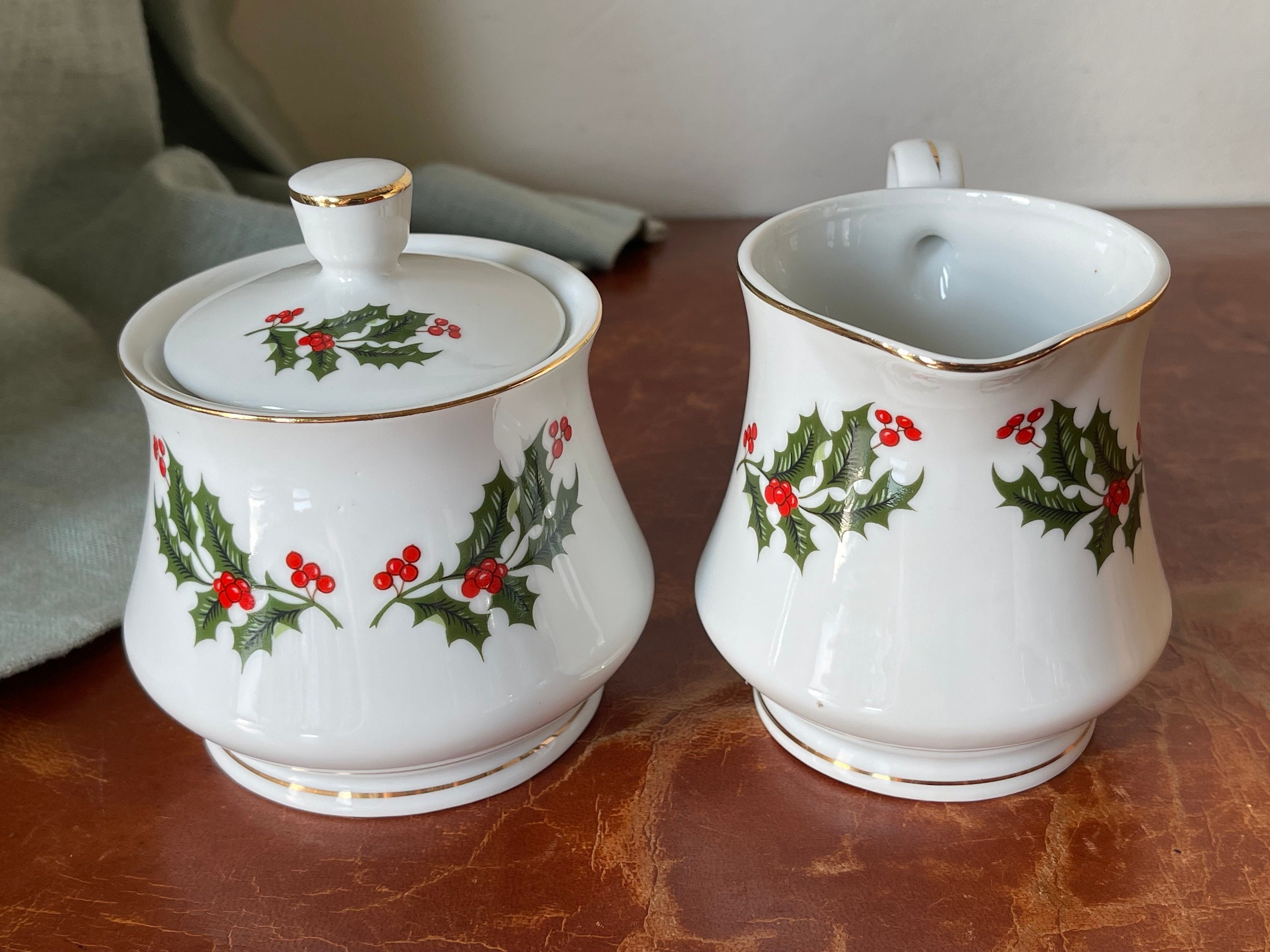 Vintage Christmas Holly Porcelain Creamer and Sugar Bowl Set All