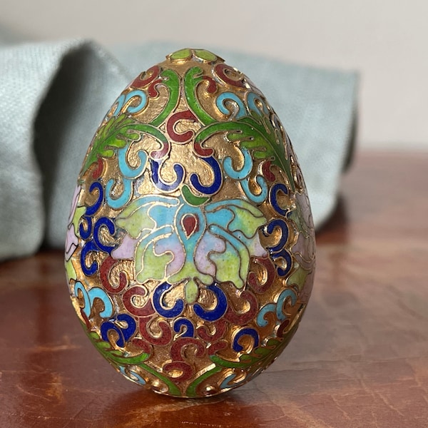 Vintage Chinese Cloisonné Egg Ornament Genuine Chinese Hand Painted Enamel and Carved Brass Cloisonné SI1333
