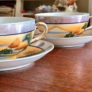 Vintage Hand Painted Nippon Cups and Saucers Set of 2 Japanese Porcelain Lake and Mount Fuji Scene PC794