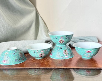 Vintage Chinese Mun Shou Rice Bowls Set of 5 Turquoise Enamel Famille Verte Early PROC Period 1949-1950’s Jingdezhen Factory 1 PC4682
