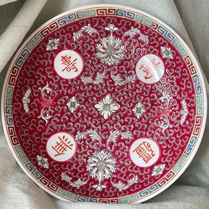 Vintage Chinese Mun Shou Serving Bowl Famille Rose Porcelain Bowl Chinese Longevity Pattern Shallow Serving Dish PC3244