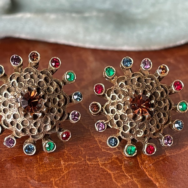 Vintage Austrian Crystal Rhinestone Clip Earrings by Karu 1960’s to 1970’s Vintage Jewelry CJ837
