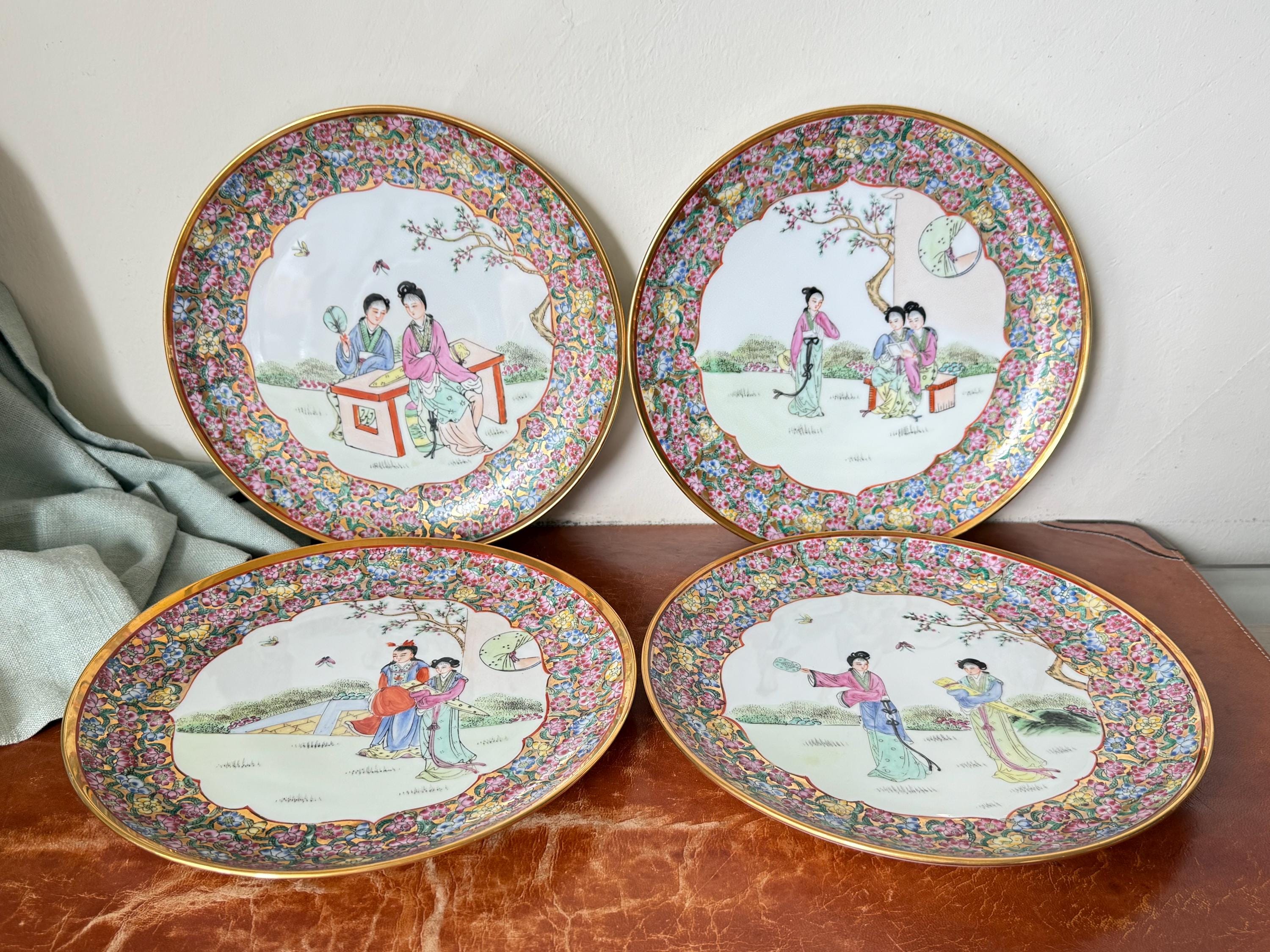 RESERVED Mchan65 Famille Rose Dinner Plates Set of 4 Hand Painted