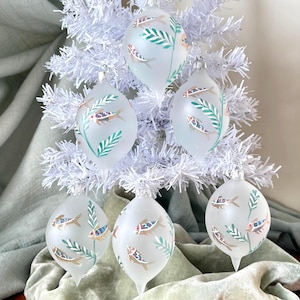 Vintage Polish Mouth Blown Glass Christmas Ornaments Set of 6 Hand Painted Fish Design Glass Ornaments Made in Poland OR1868