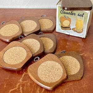 Vintage Apple Wooden Coasters Set of 6 Apple Shaped Wood and Cork Coasters Cozy Kitchen Style Barware SI871