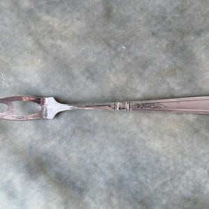 May include: Silver serving fork with two tines and a decorative handle. The fork has an ornate design on the handle and is likely vintage. The fork is made of a shiny, reflective metal, possibly silver or a silver-plated alloy.