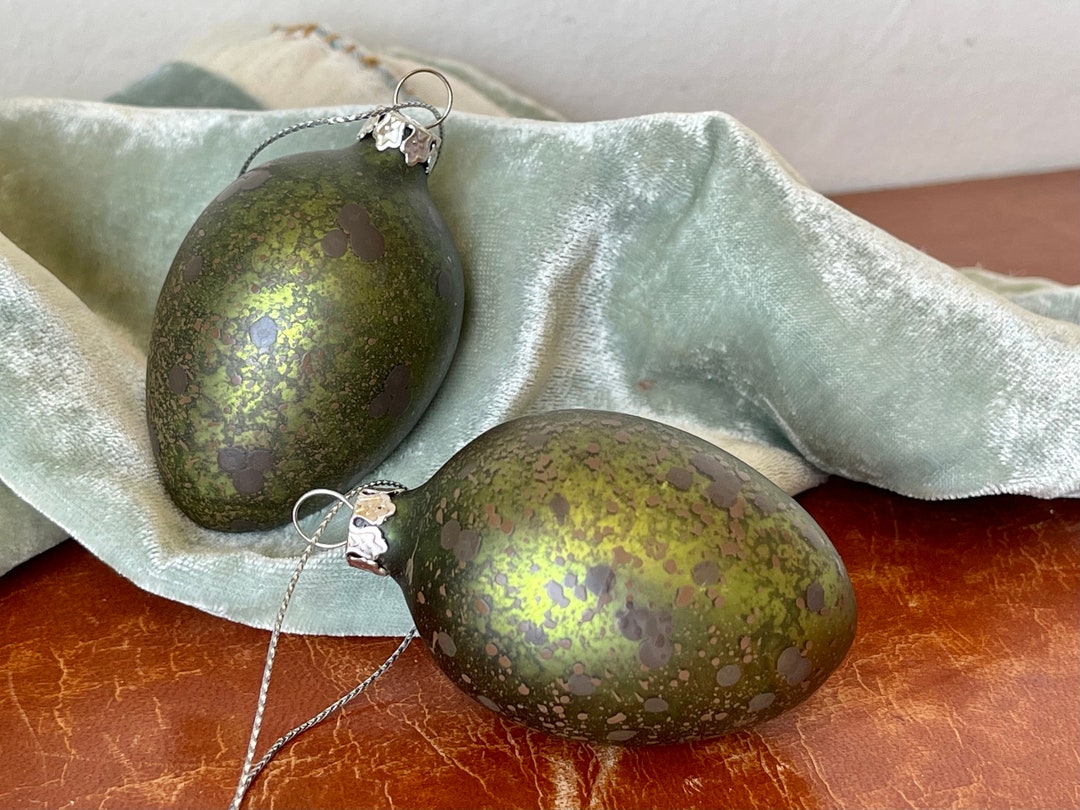 Vintage Glass Eggs Christmas Tree Ornaments Set of 2 Green Hand Painted