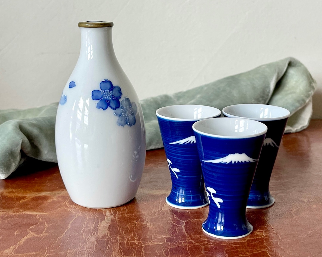 Japanese Porcelain Sakura Masamune Sake Bottle and Mount Fuji Sake Cups