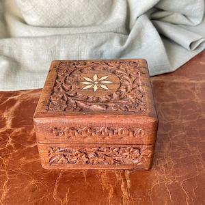Carved Rosewood Bone Inlay Box Carved Wood Box with Blue Fabric interior Made in India SI1808