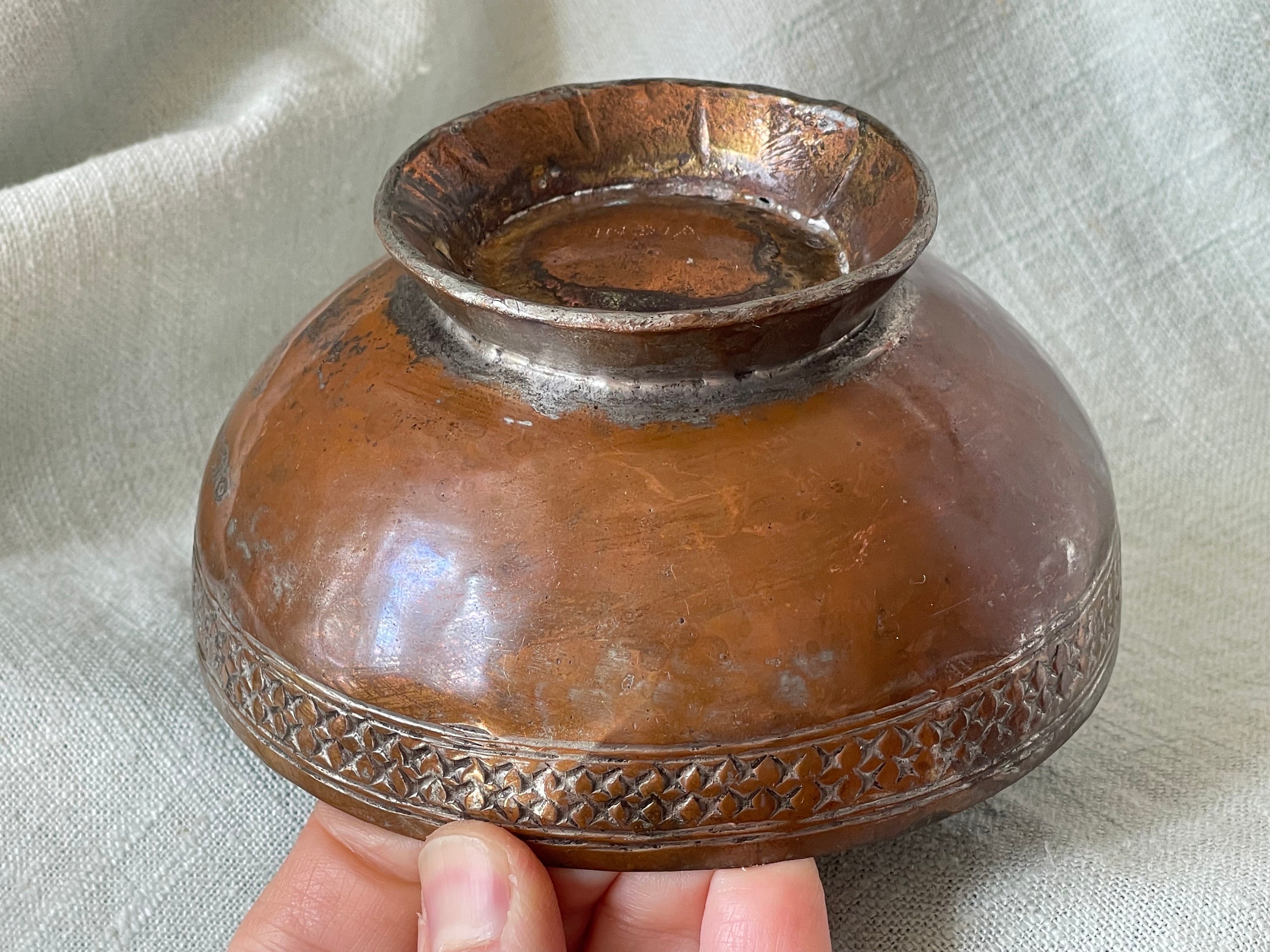 Antique Indian Copper Bowl Hand Forged Etched and Hammered Antique Indian Copper Bowl Hand Forged Etched and Hammered