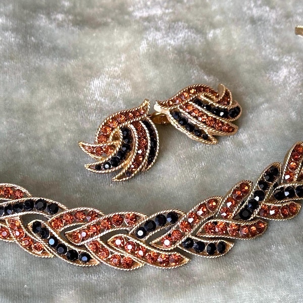 Vintage Trifari Gold and Rhinestone Demi-Parure Bracelet and Ear Clips Cavalcade Collection 1963 Topaz and Onyx Book Set CJ985