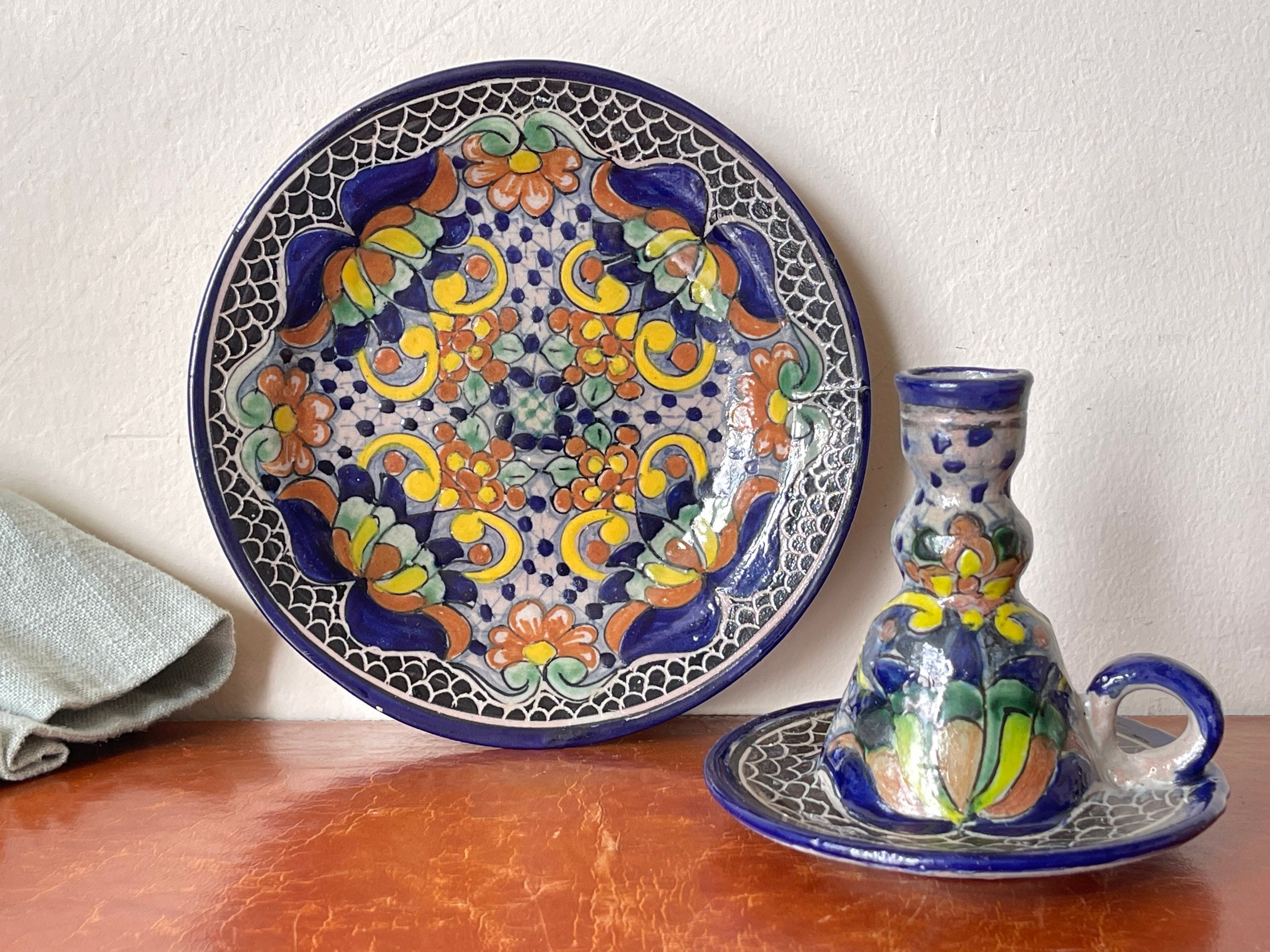 Vintage Mexican Talavera Candle Holder and Plate Set Tlaxcala