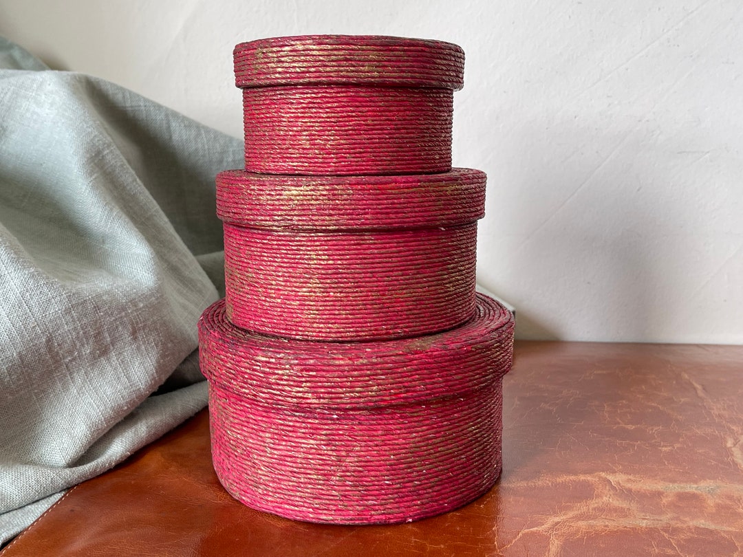 Handmade Nesting Boxes Set of 3 Round Lidded Red and Gold Coiled Paper ...