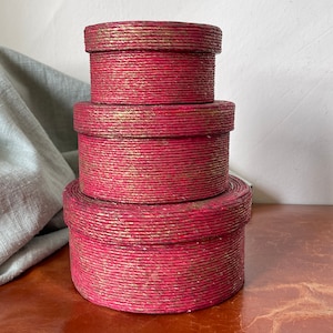 Handmade Nesting Boxes Set of 3 Round Lidded Red and Gold Coiled Paper Boxes with Hand Wrapped SI1438
