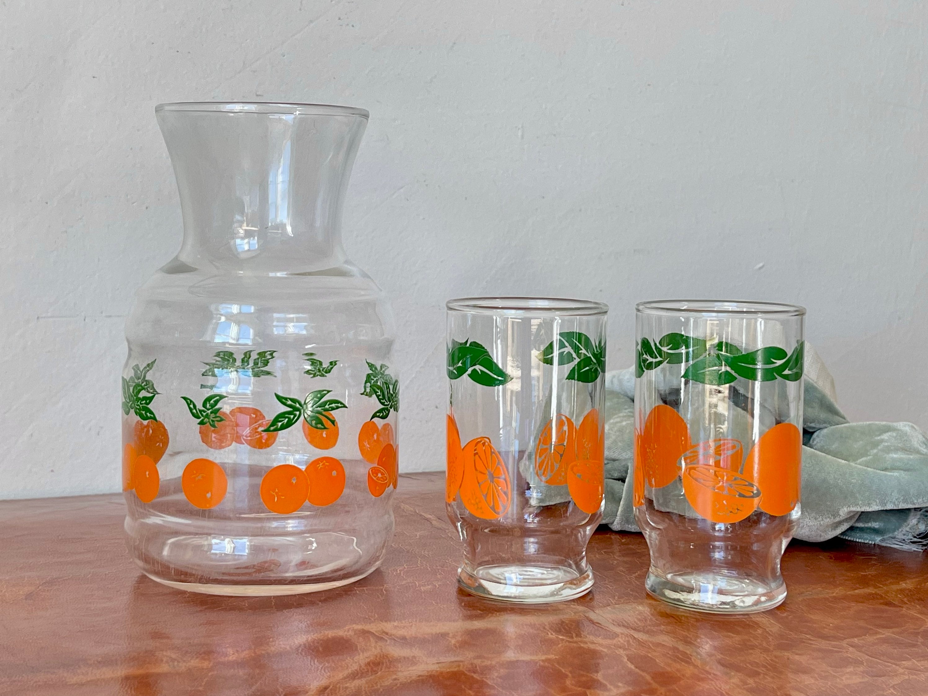 Vintage Pitcher 1960 's Orange Juice Carafe with Glasses Country Kitchen