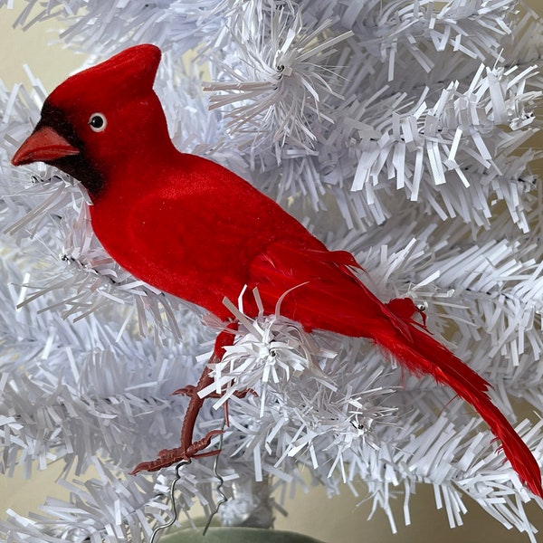 Red Cardinal Flocked Feathered Bird Ornament 1970’s Wired Holiday Bird Decoration OR927