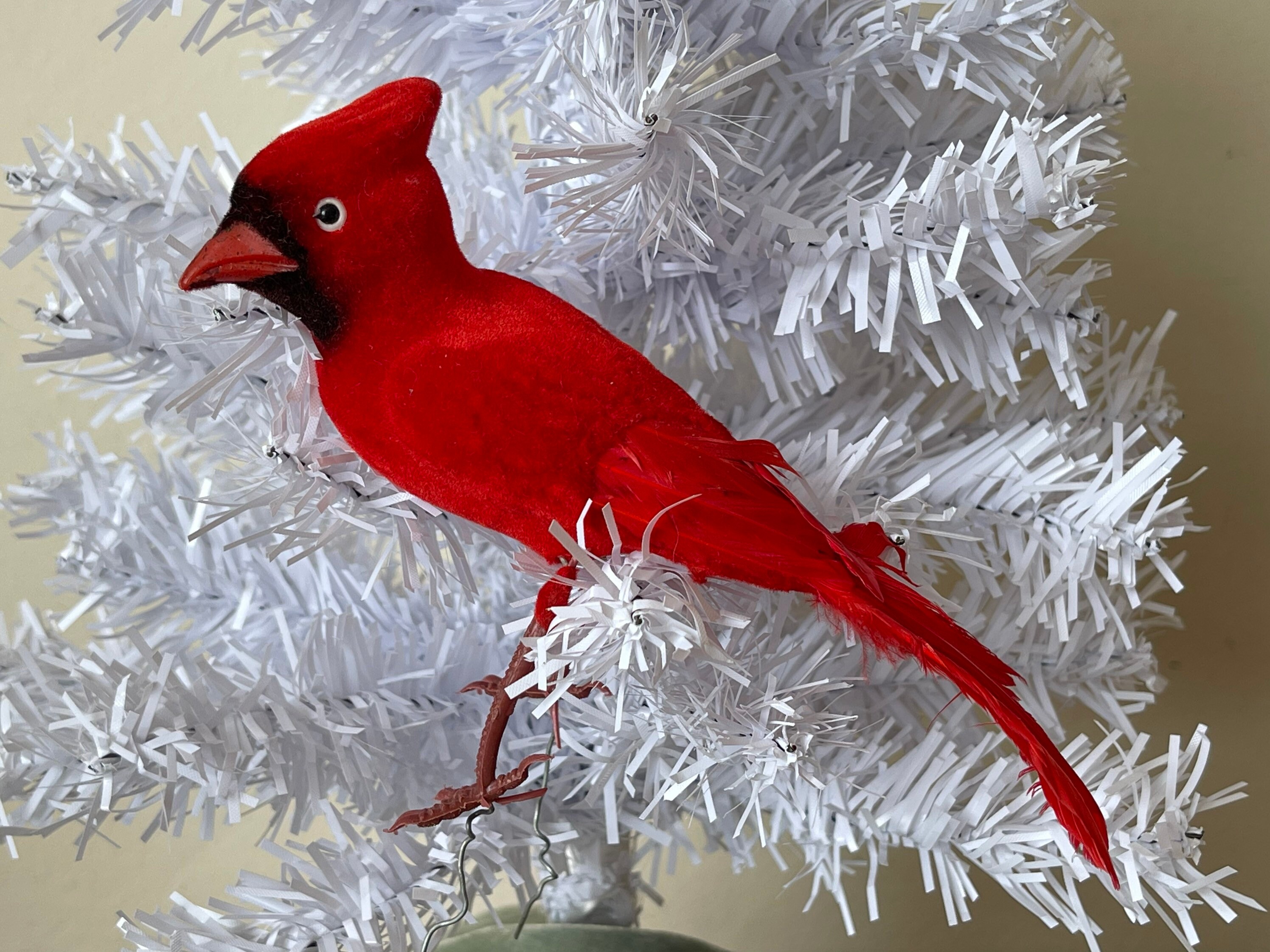 Red Cardinal Flocked Feathered Bird Ornament 1970's Wired Holiday