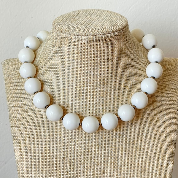 Vintage Monet White Lucite Beaded Choker Necklace 1950’s Textured Gold and White Adjustable Length CJ879