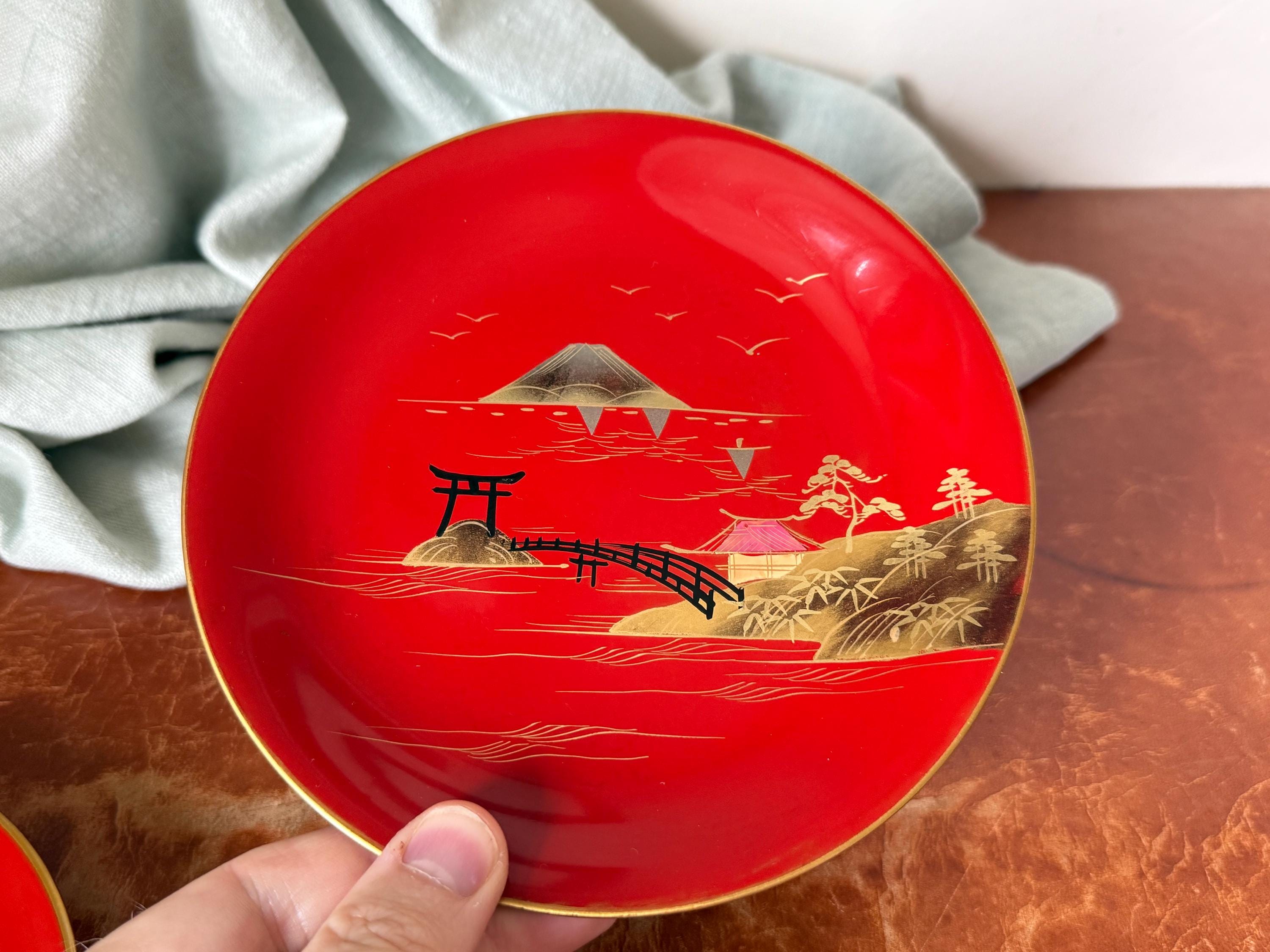 Antique Red Lacquer Shell Inlay Plates 1930's Hand Lacquered