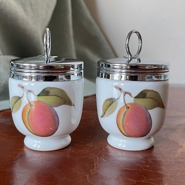 Vintage Royal Worcester Egg Coddlers Set of 2 Fruit Evesham Porcelain Chrome Lid Made in England SI1612