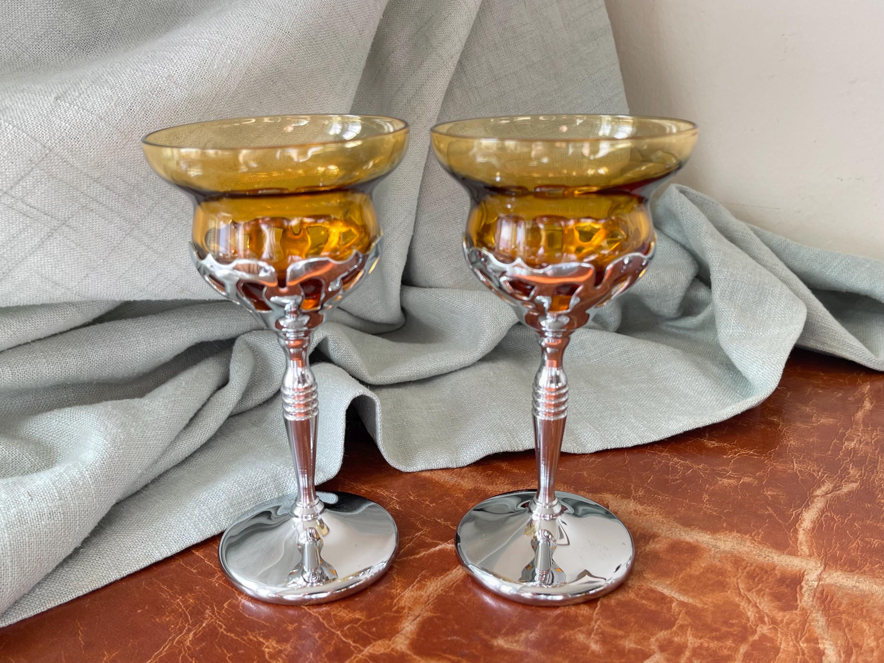 Vintage Farberware Cambridge Glass Krome Kraft Wine Glasses Set of