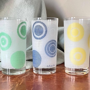 Vintage 1960’s Fred Press Polka Dot Highball Cocktail Glasses Set of 3 Multicolored Linen Texture Cocktail Tumblers GC751
