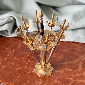 Toledo Cocktail Sword Appetizer Picks Set of 8 1960’s Damascene Cocktail Martini Picks with Caddy MCM Cocktail Party Made in Spain SI2095