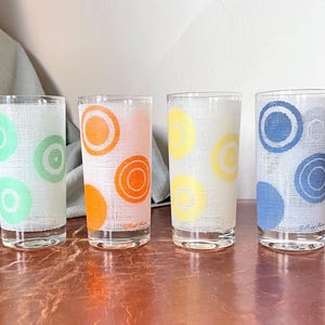 Vintage 1960’s Fred Press Circle Polka Dot Highball Cocktail Glasses Set of 4 Multicolored Linen Texture Cocktail Tumblers GC750
