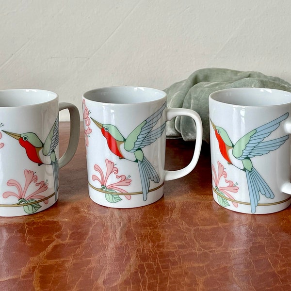 Fitz and Floyd Porcelain Hummingbird Mugs Set of 3 Variations Coffee Cups Made in Japan 1980’s PC2719