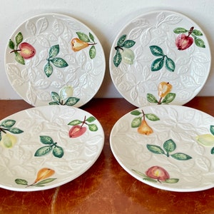Vintage Hand Painted Portugal Majolica Pottery Salad Plates Set of 4 Embossed Fruit Design Plates Made in Portugal PC3302