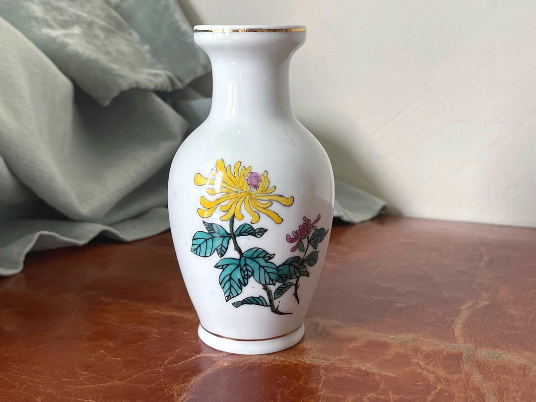 花瓶・フラワースタンド 1950's Mid century vintage flower vase Japanese Vase Floral Hand Painted Mid Century Gold Bright