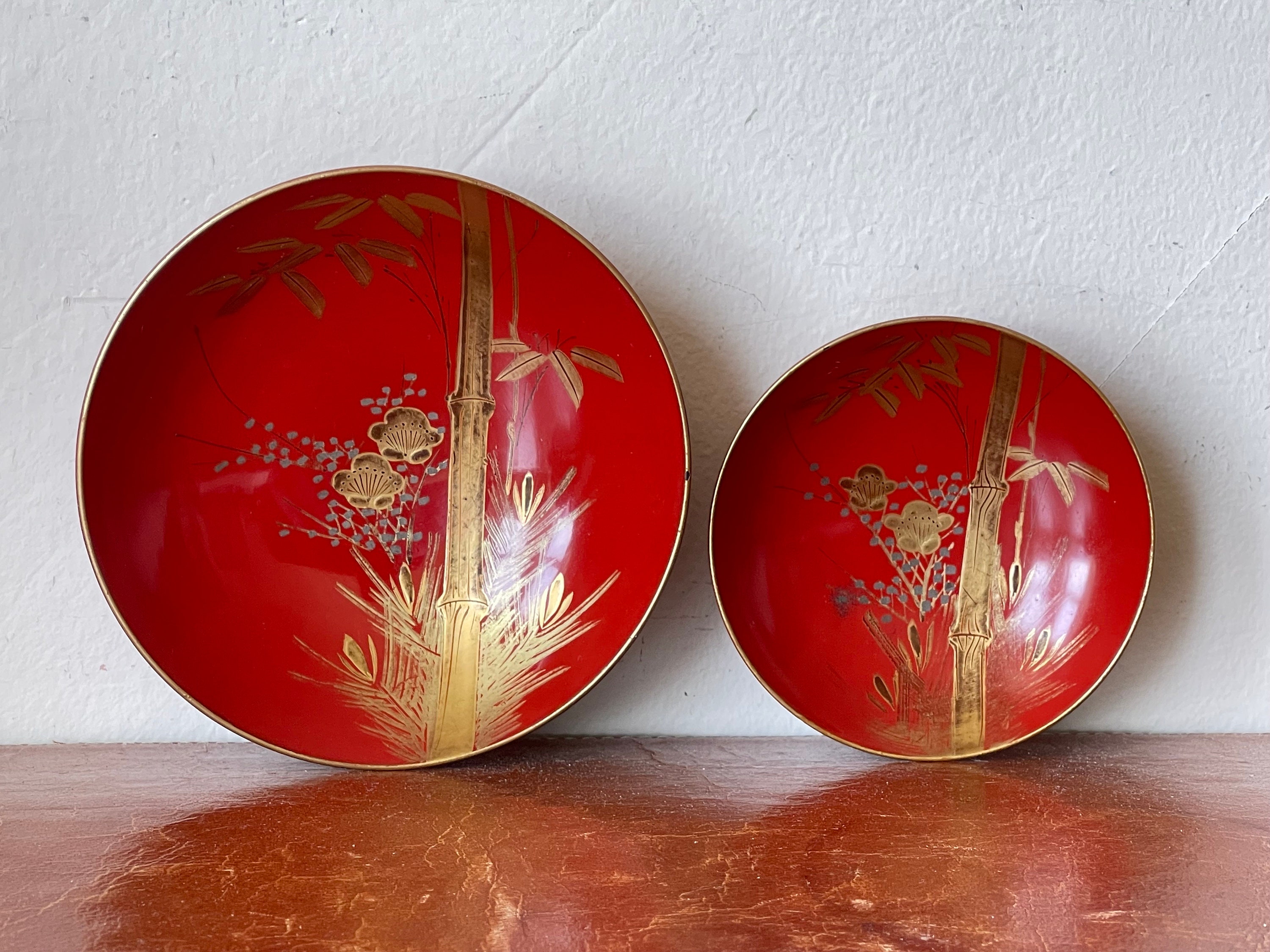 Japanese Antique Lacquer Sake Sakazuki Set of 2 Red Lacquer