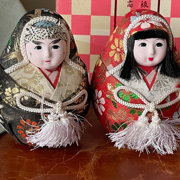 Vintage Japanese Hime Daruma Roly Poly Dolls Set of 2 Hand Painted Gofan Face with Glass Eyes and Silk Kimonos made in Japan SI1482