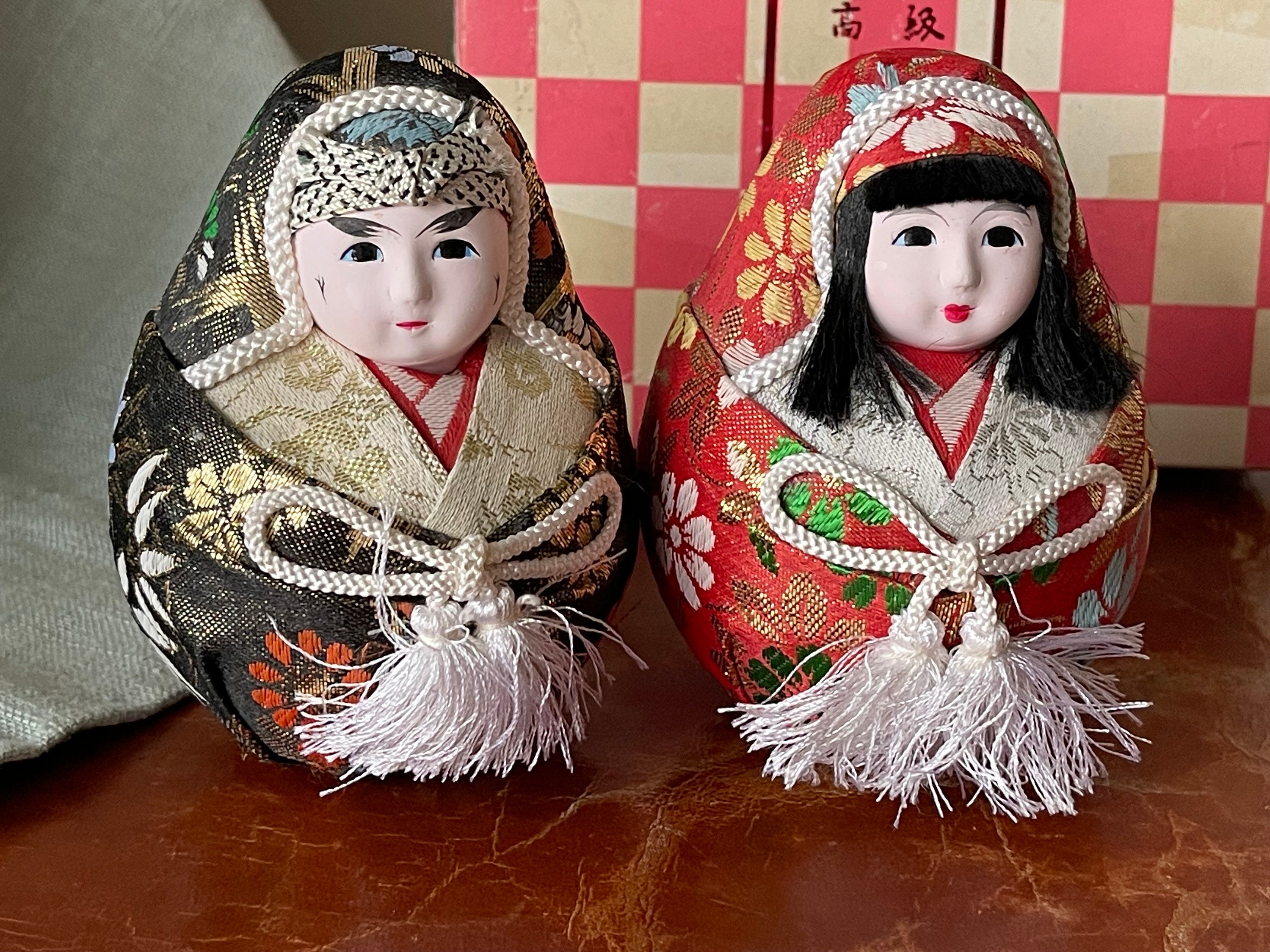 Vintage Japanese Hime Daruma Roly Poly Dolls Set of 2 Hand Painted